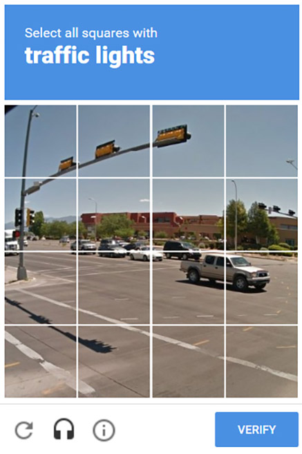 Select all square with traffic lights. Is Google using us to train its self driving cars?